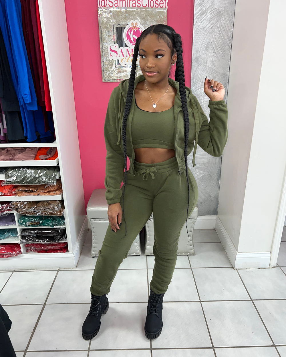 Set The Mood 3pc Jogger Set-Olive