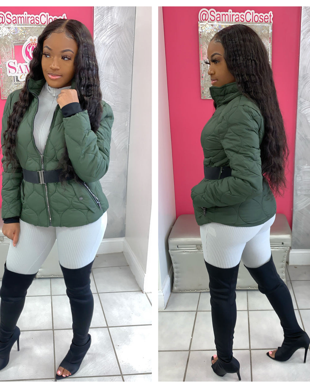 Waist Belt Fleece Lined Jacket-Olive