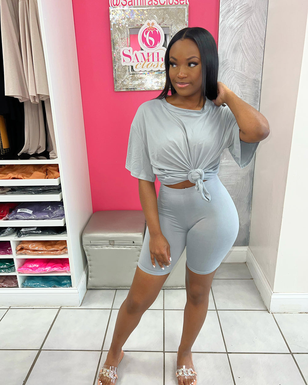 Crew Neck Biker Short Set-Gray