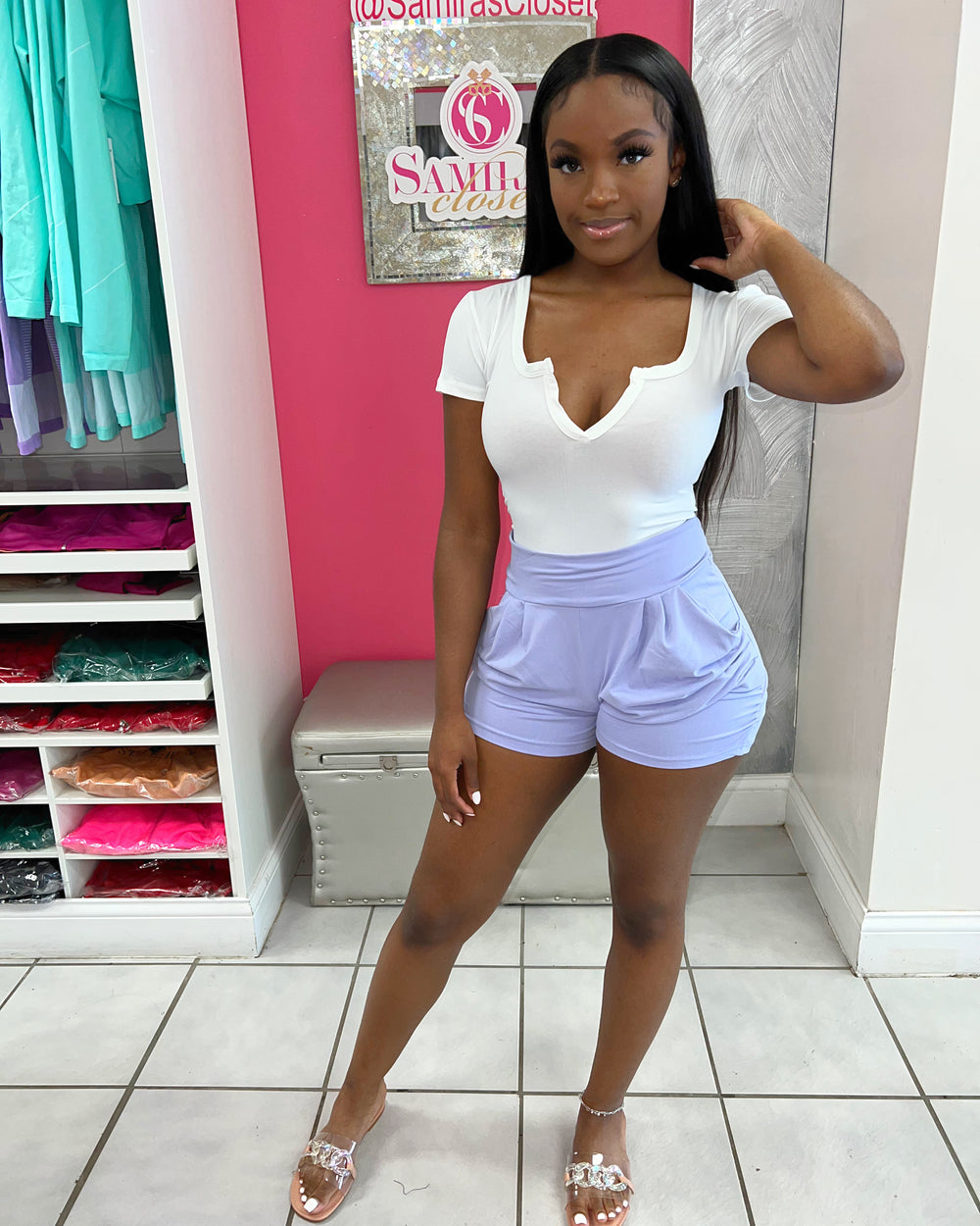Short Sleeve V Cut Bodysuit-White