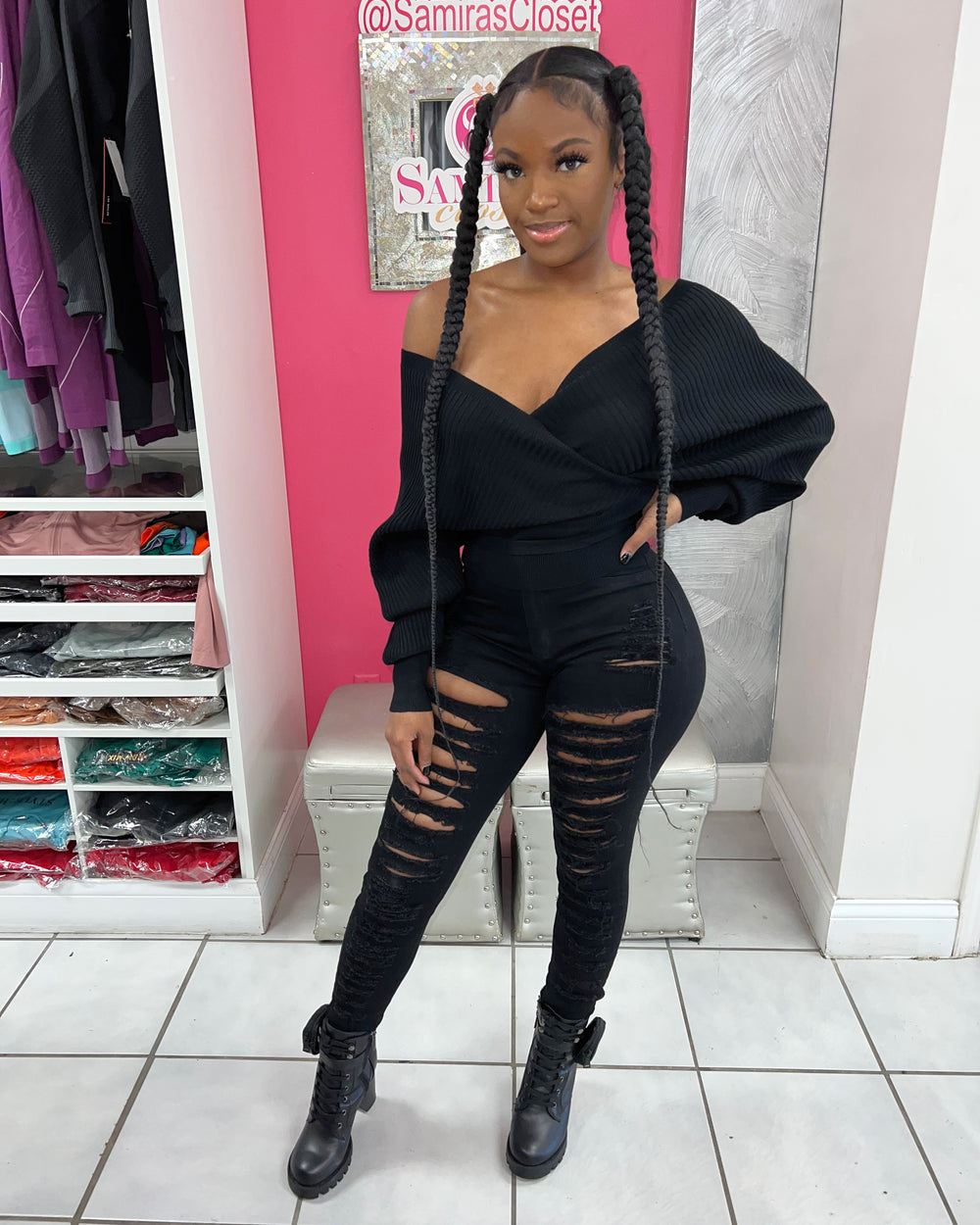 Tied Up Ribbed Sweater-Black