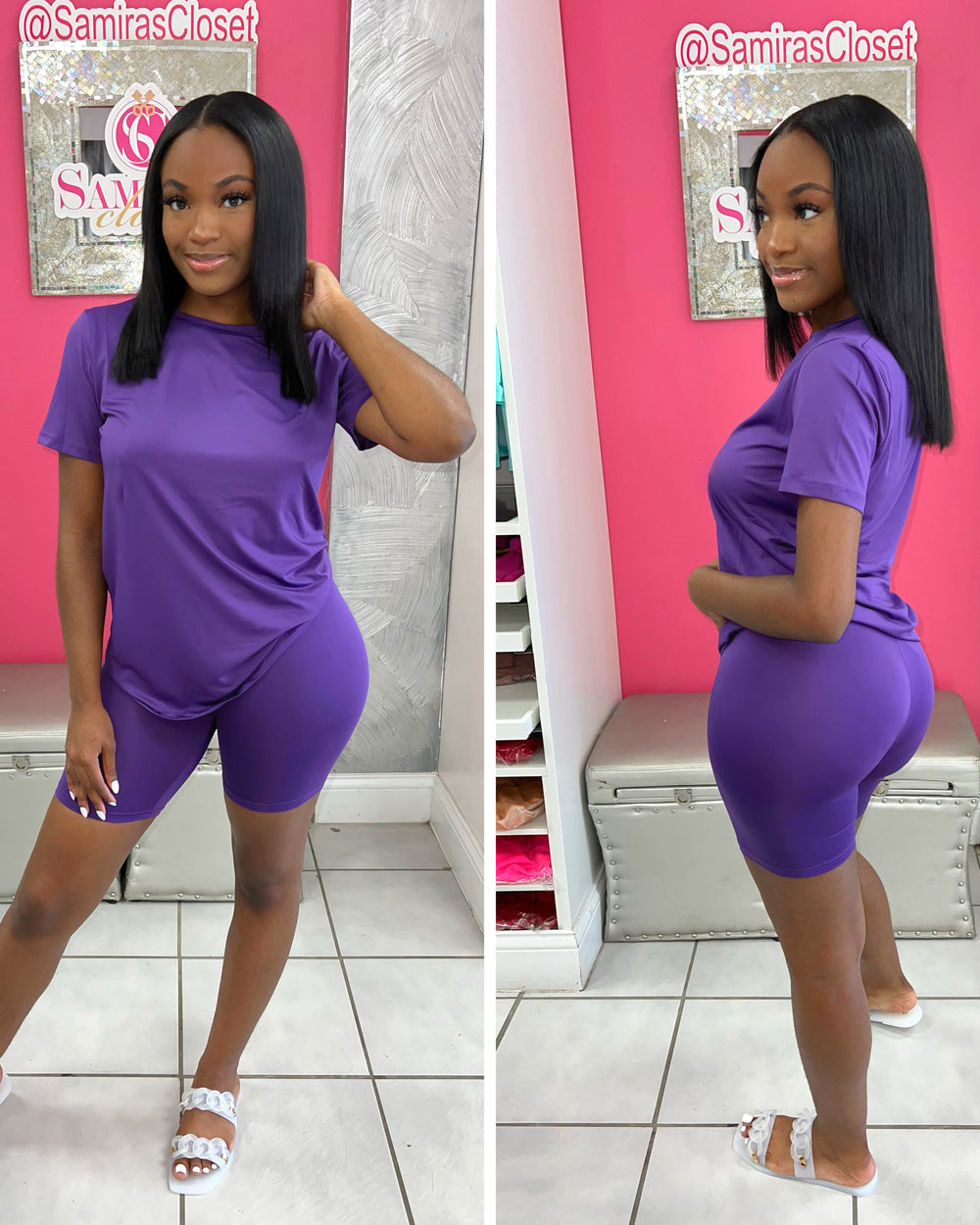 Crew Neck Biker Short Set-Purple