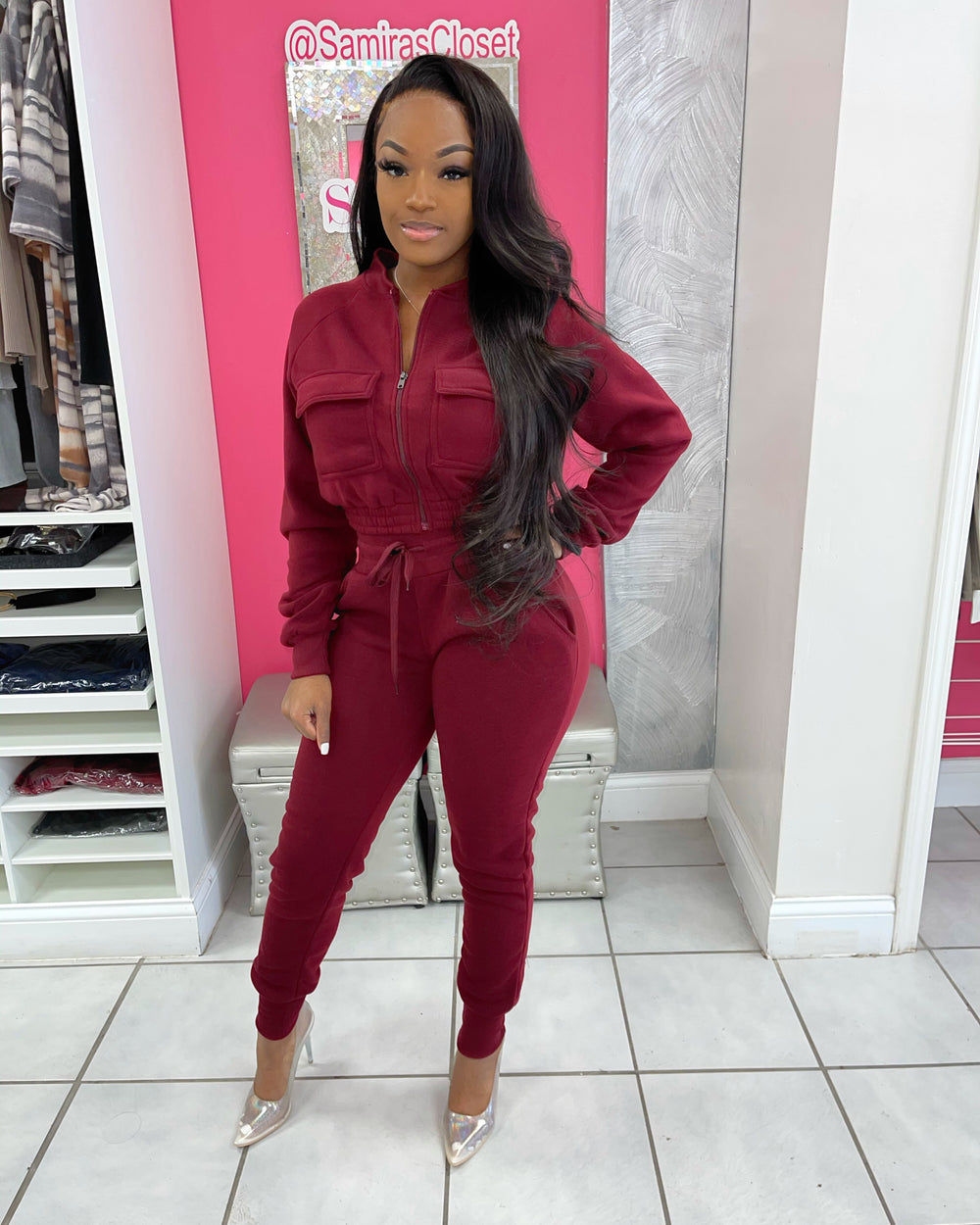 Cargo Styled Crop Jogger Set- Burgundy