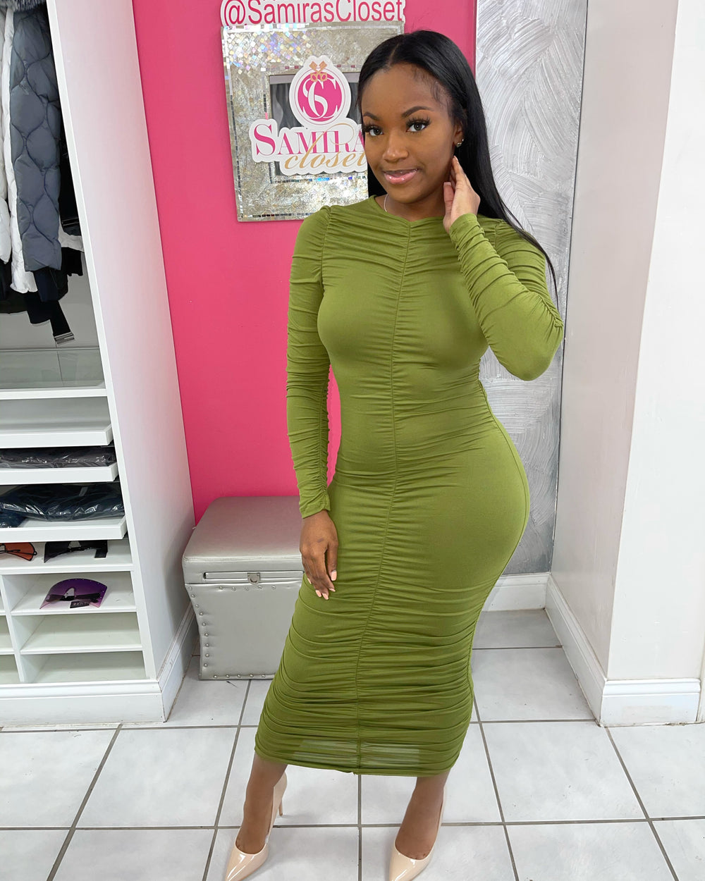 Ruched Long Sleeve Midi Dress-Olive