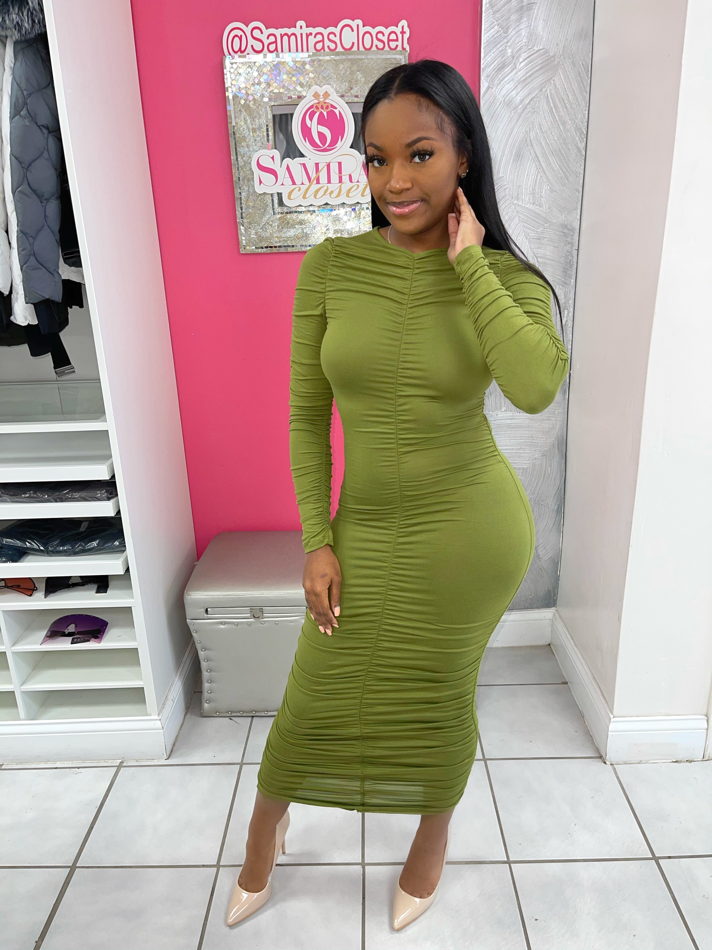 ruched olive green dress Hailey Double Faced Satin Off The Shoulder Ruched Dress