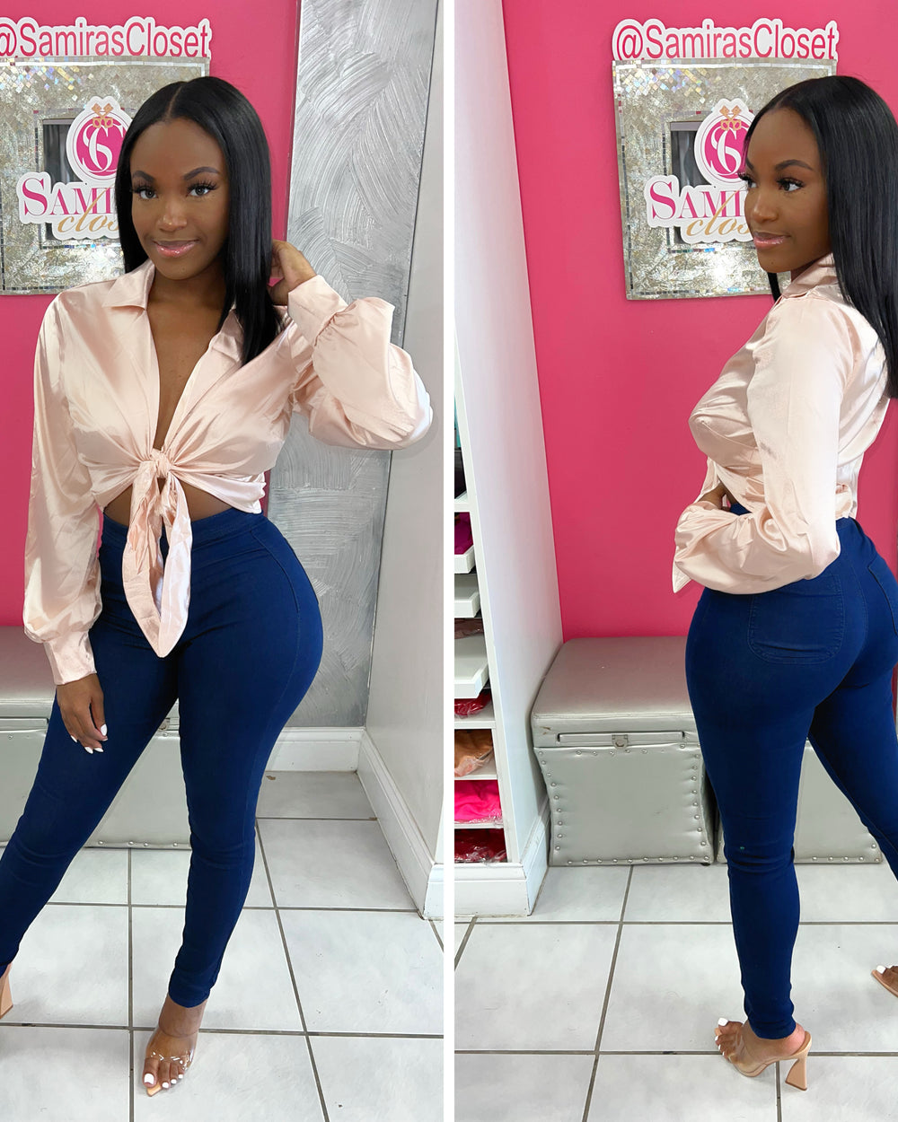 Blush Satin Tie Blouse