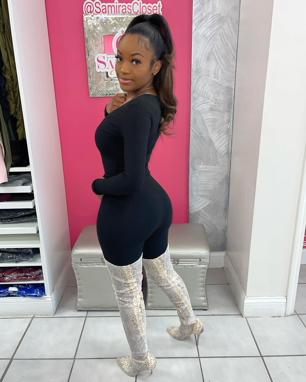 Waist Tie Ribbed Jumpsuit-Black