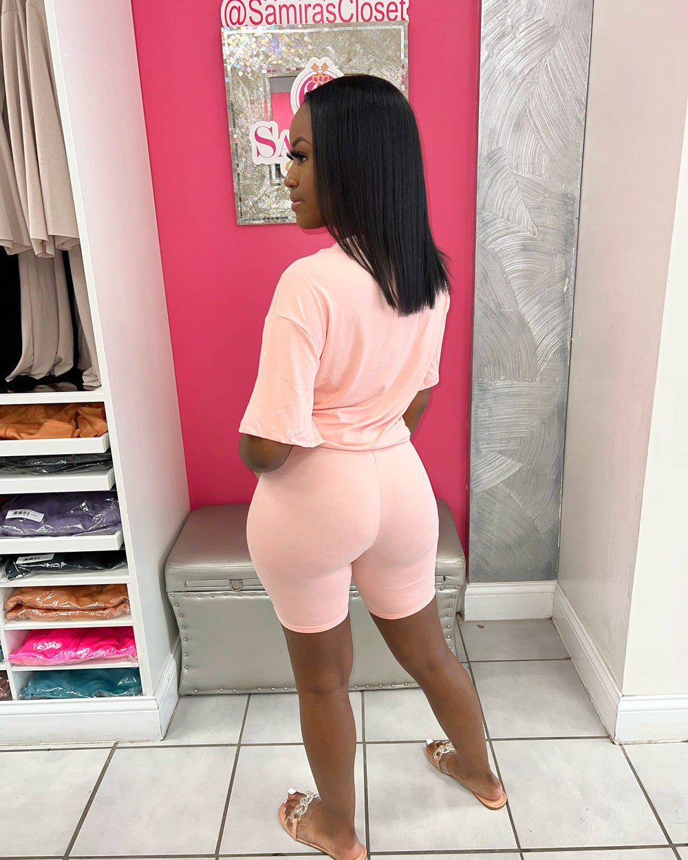 Crew Neck Biker Short Set-Blush