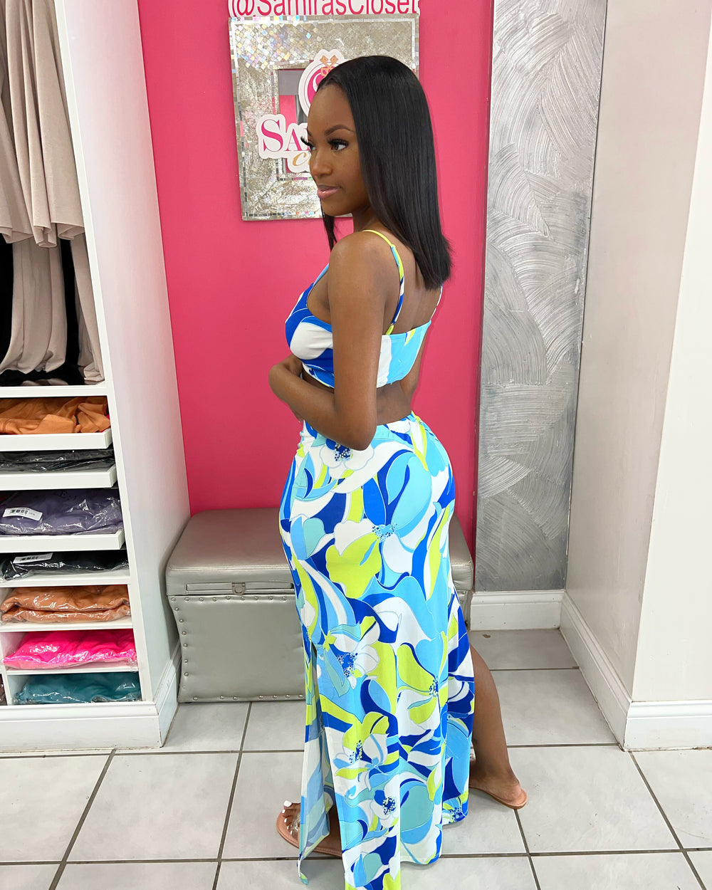 Cutout waist floral maxi-Blue