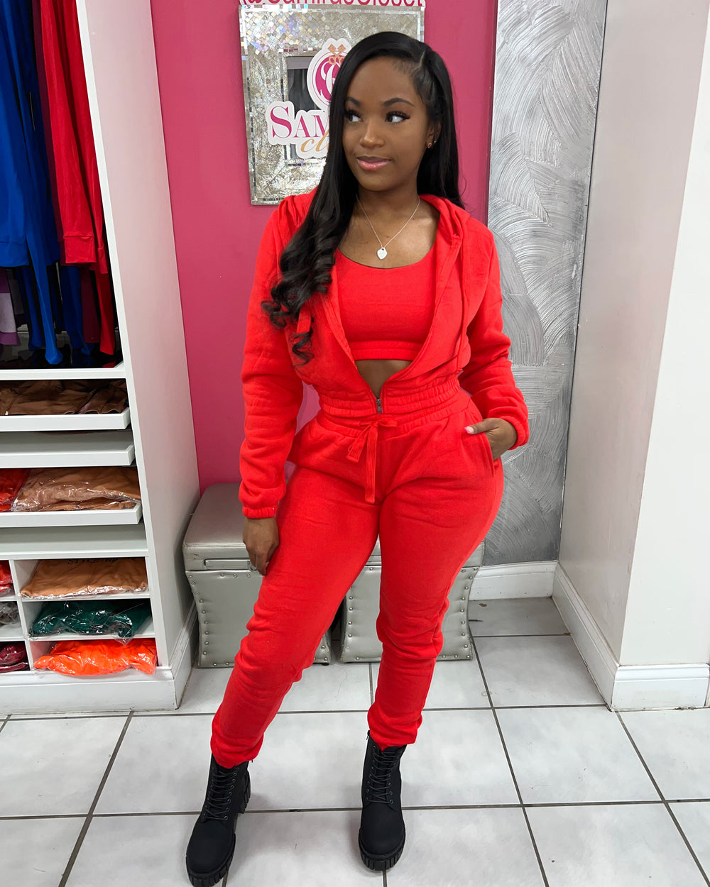 Set The Mood 3pc Jogger Set-Red