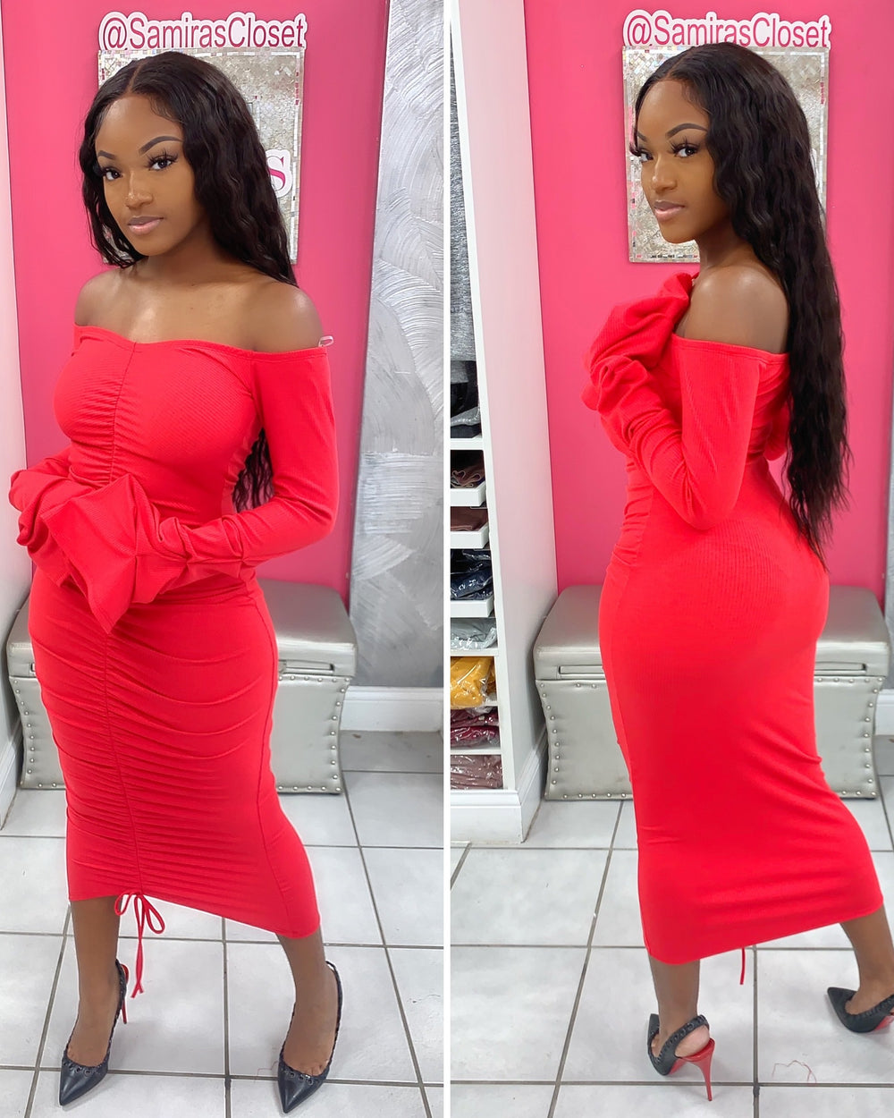 Stacked Sleeve Ruched Midi Dress- Red