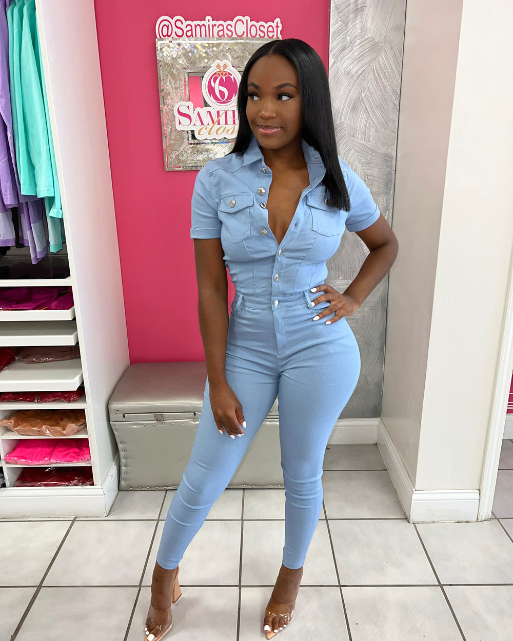 So Denim Jumpsuit-Dusty Blue