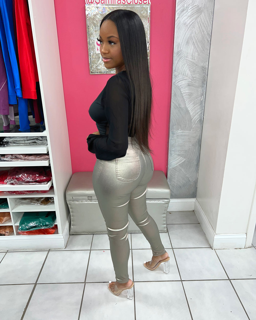 Metallic Extra Stretch Denim-Gold