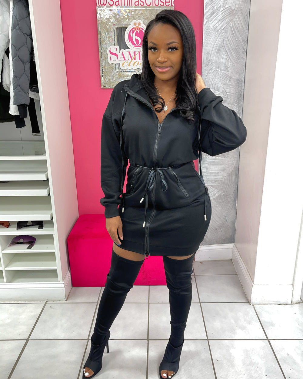 Zip-Up Hoody Dress -Black