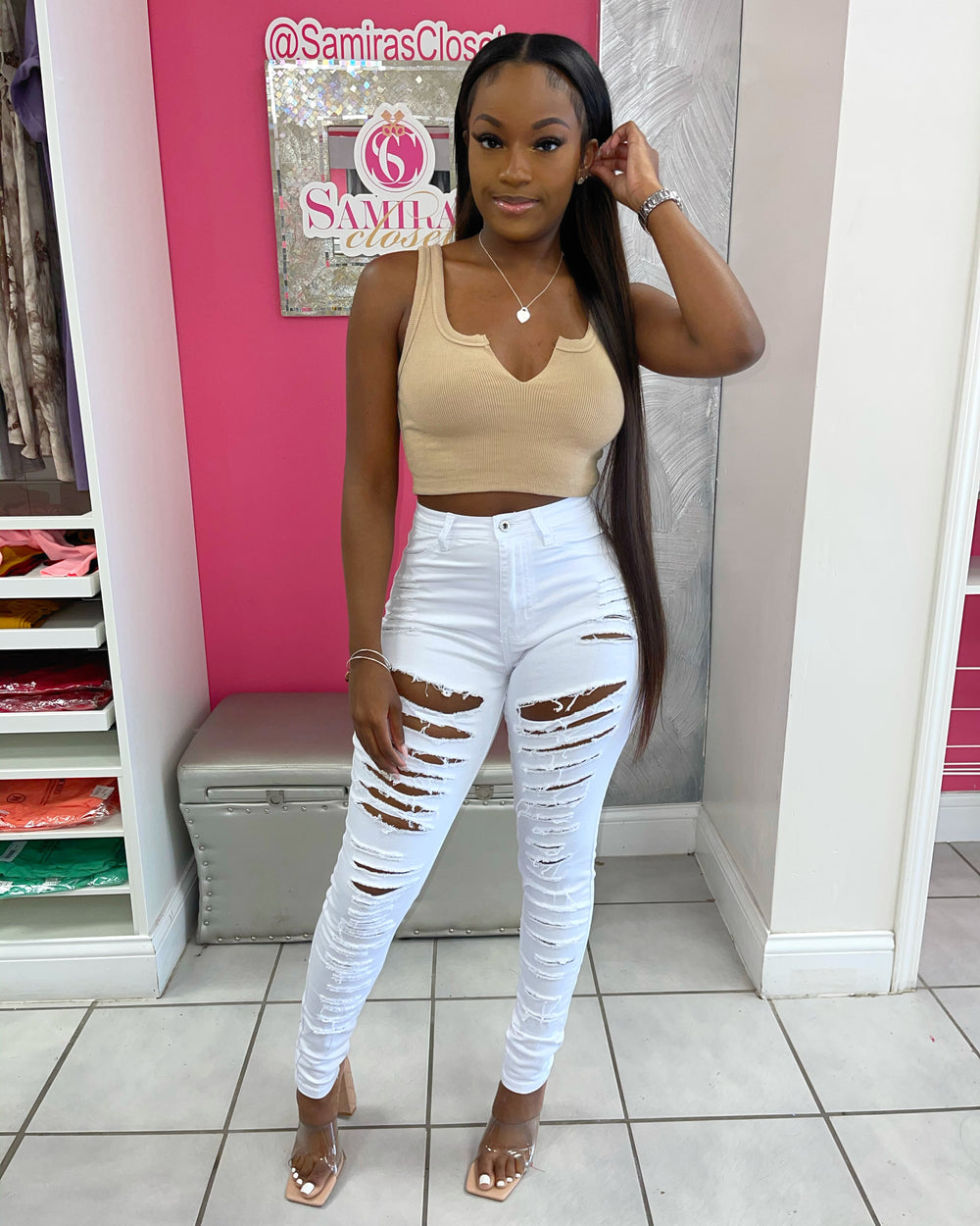 Extra Stretch Distressed Denim-White