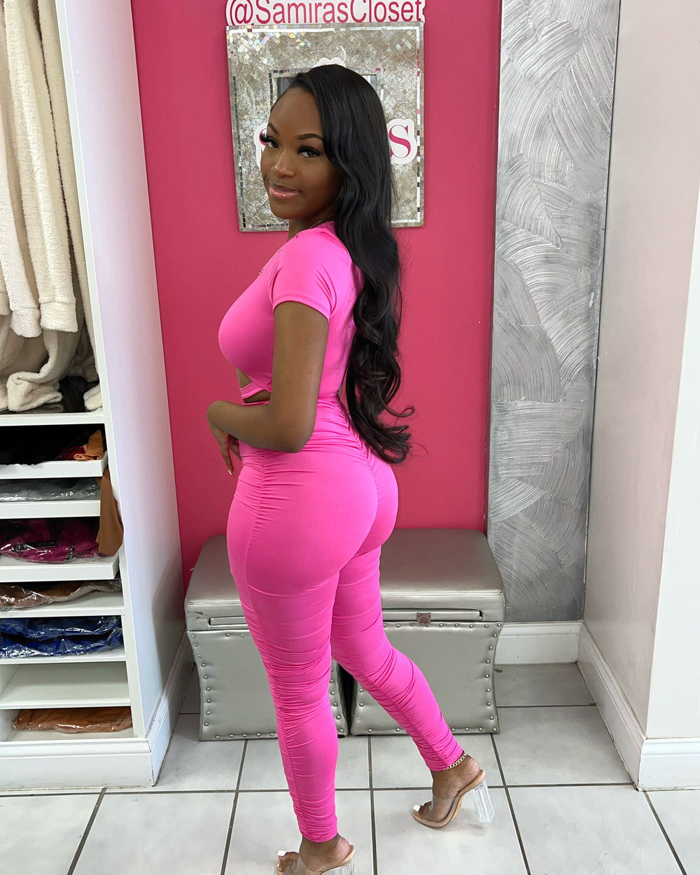 Cut Out Ruched Legging Set-Fuchsia