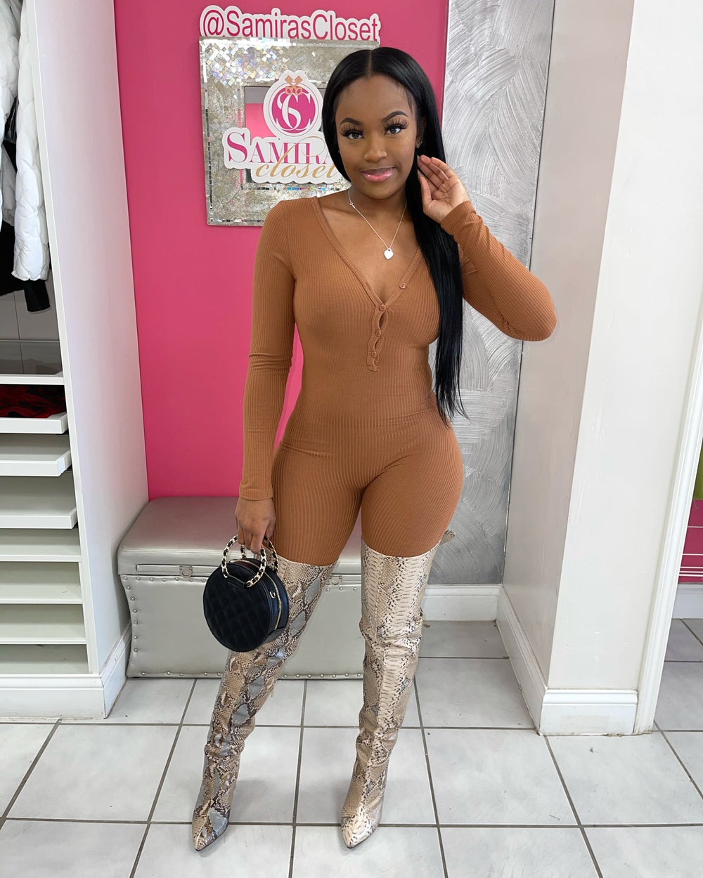 Button Up Ribbed Jumpsuit-Mocha