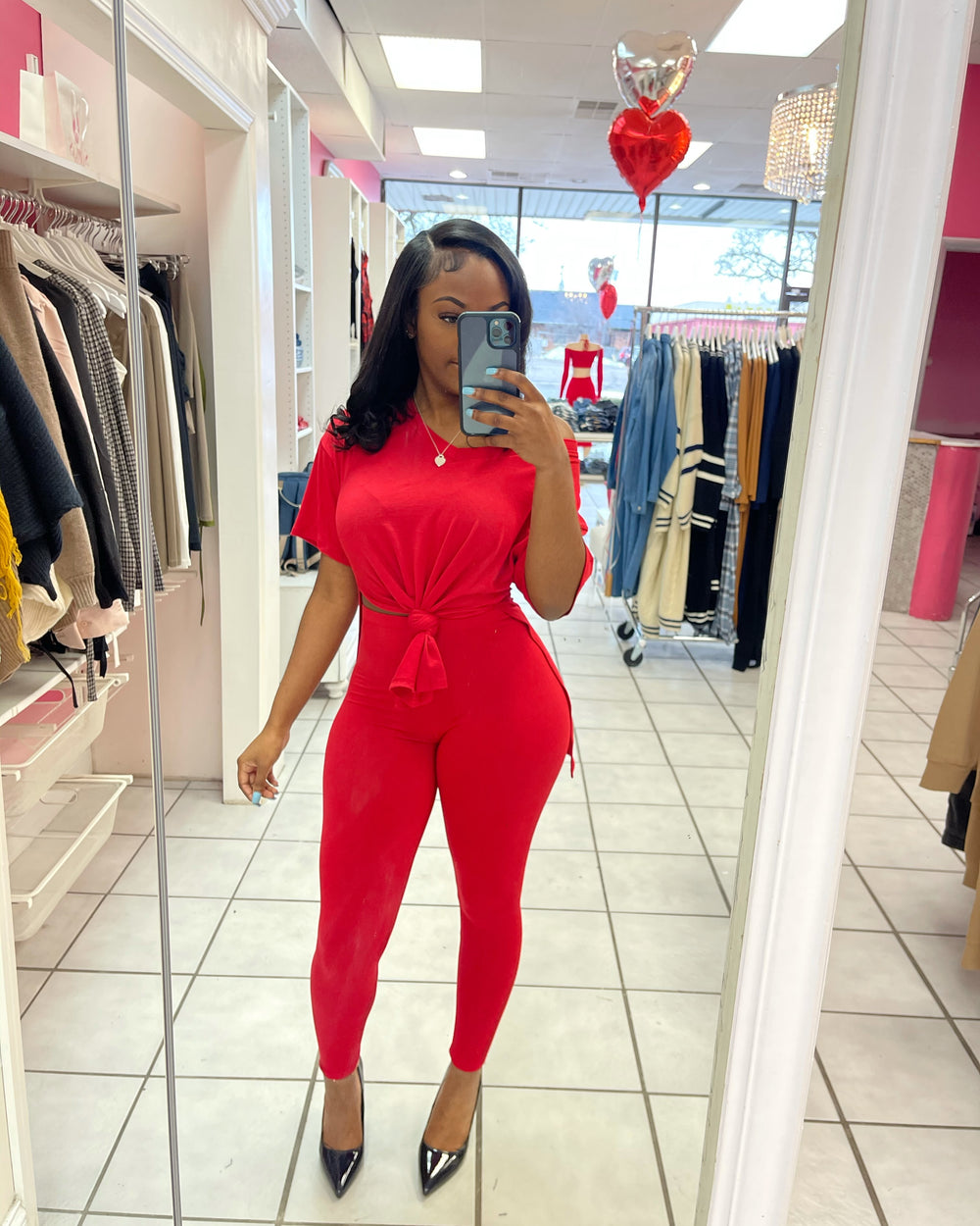 V Neck Legging Set-Red