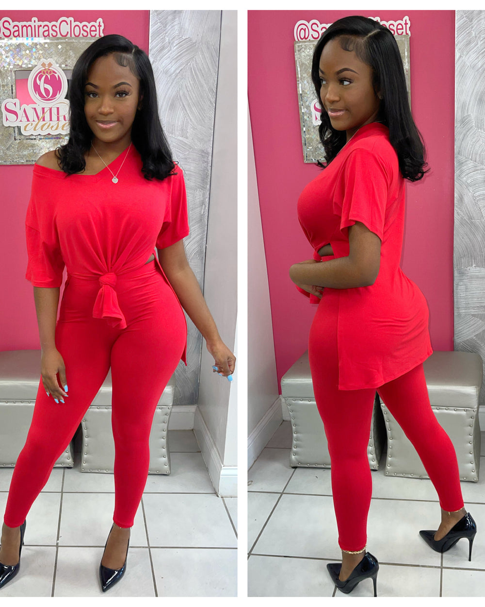 V Neck Legging Set-Red