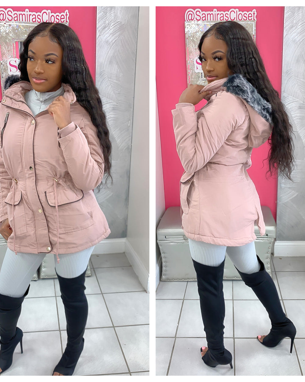Fleece Lined Fur Hood Jacket-Mauve Pink