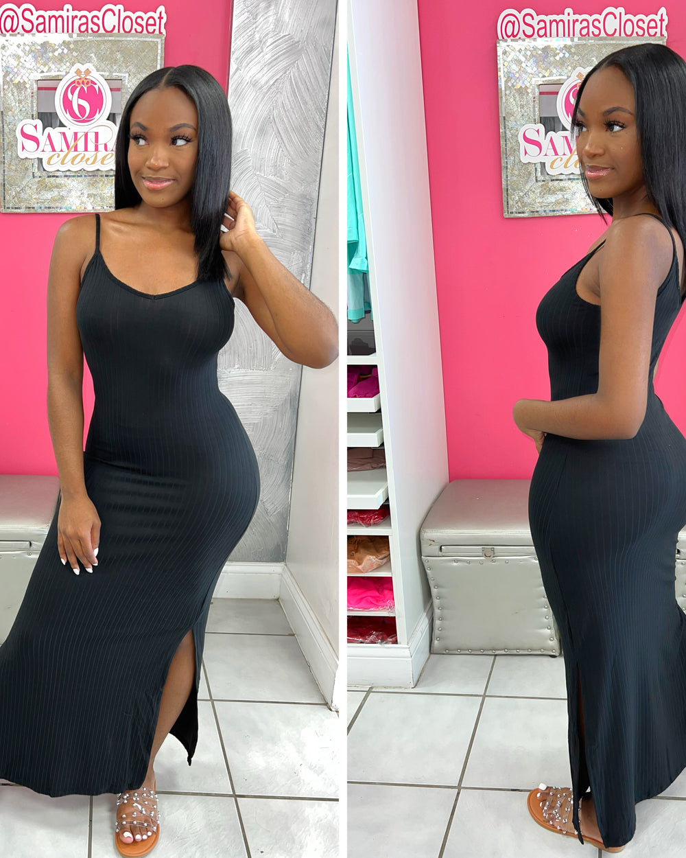 Ribbed Side Slit Dress-Black