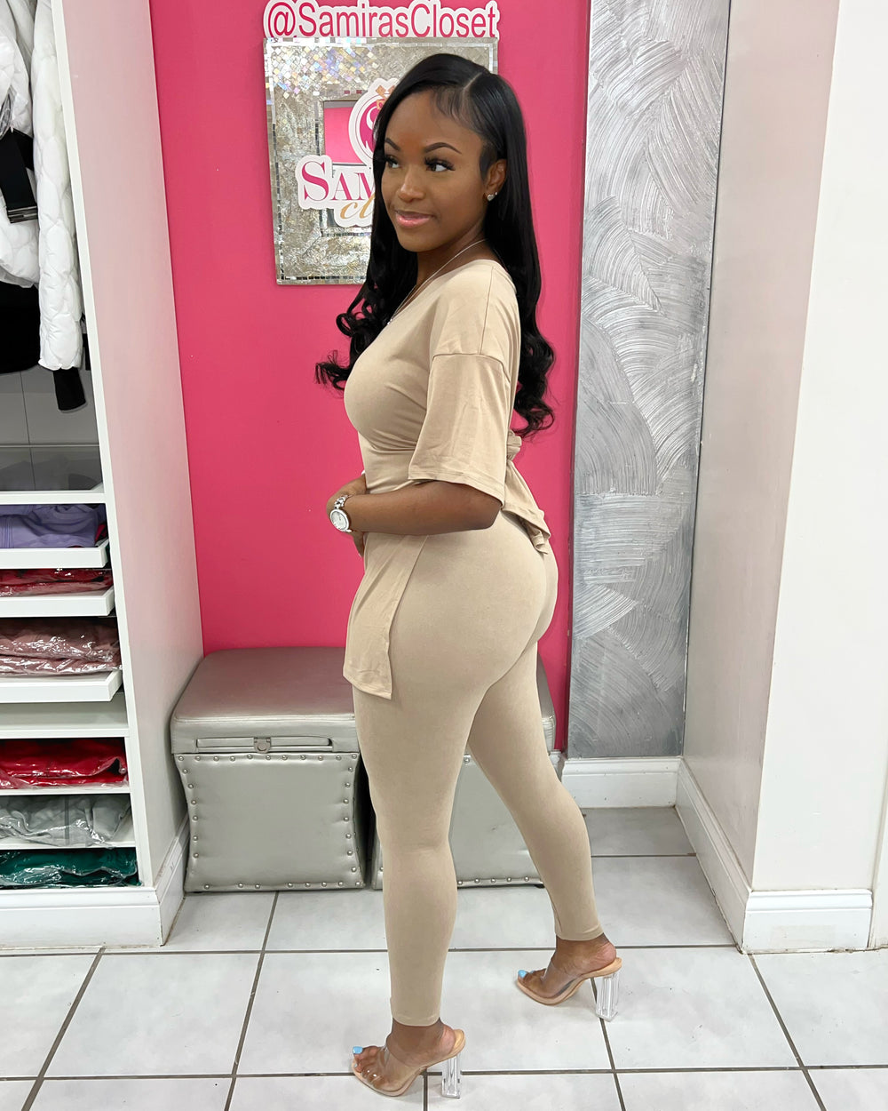 V Neck Legging Set-Nude
