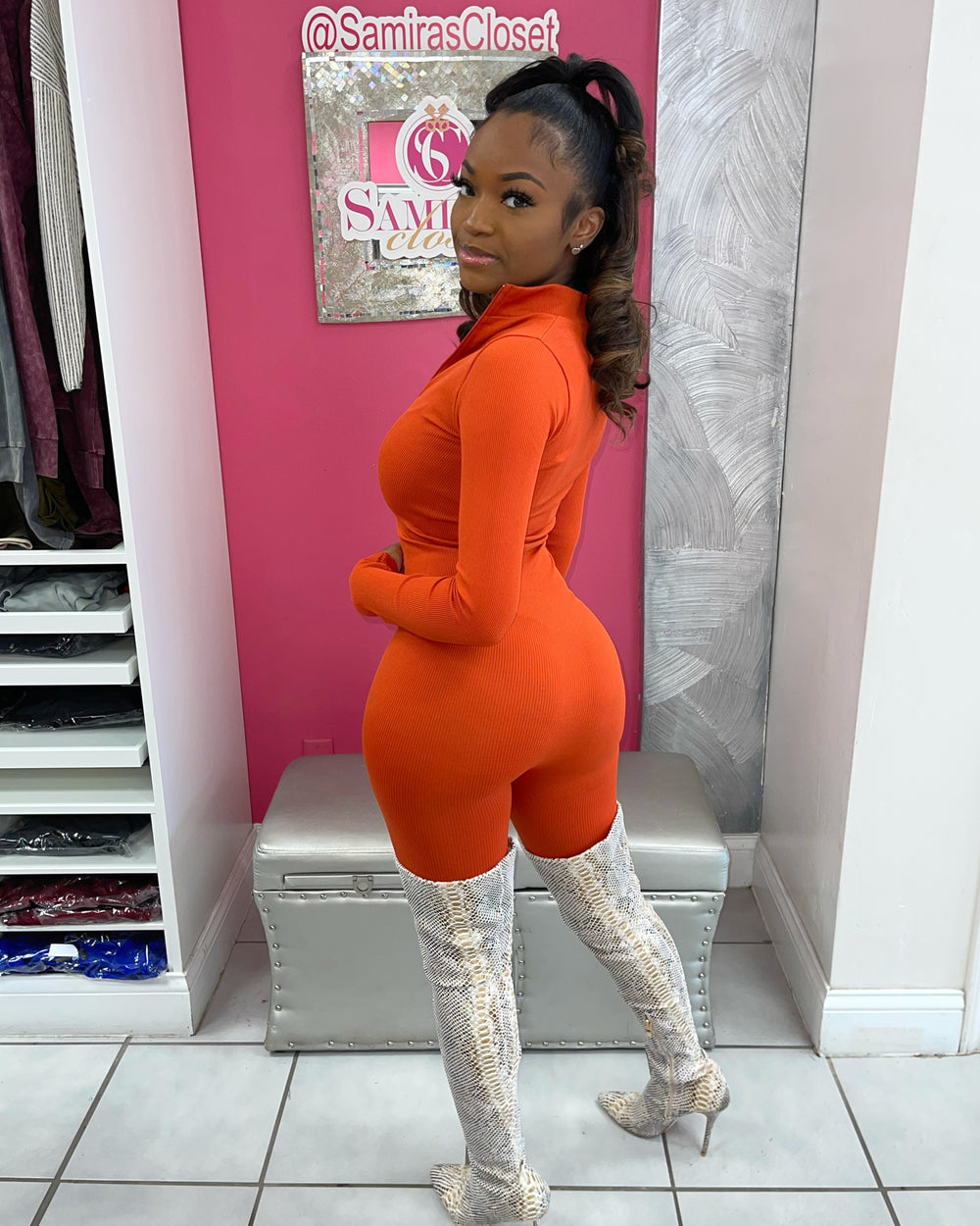 Zip Up Ribbed Jumpsuit-Rust
