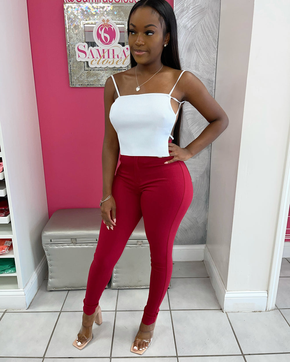 Extra Stretch Highwaisted Denim-Burgundy