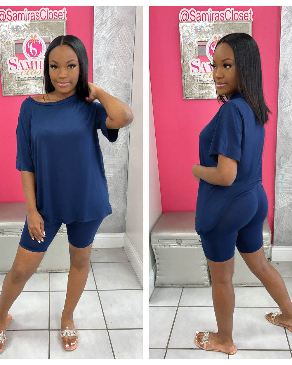 Crew Neck Biker Short Set-Navy