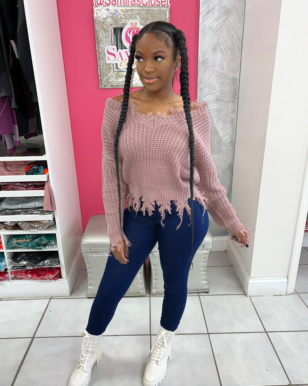Slouchy Distressed Sweater-Mauve