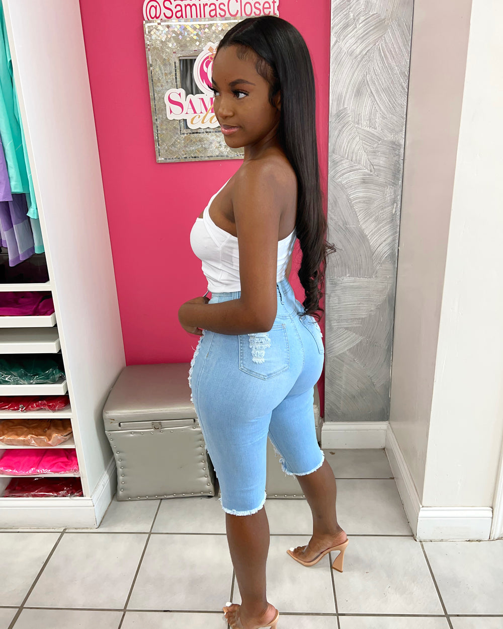 Extra Stretch Denim Bermuda Shorts-Light Denim