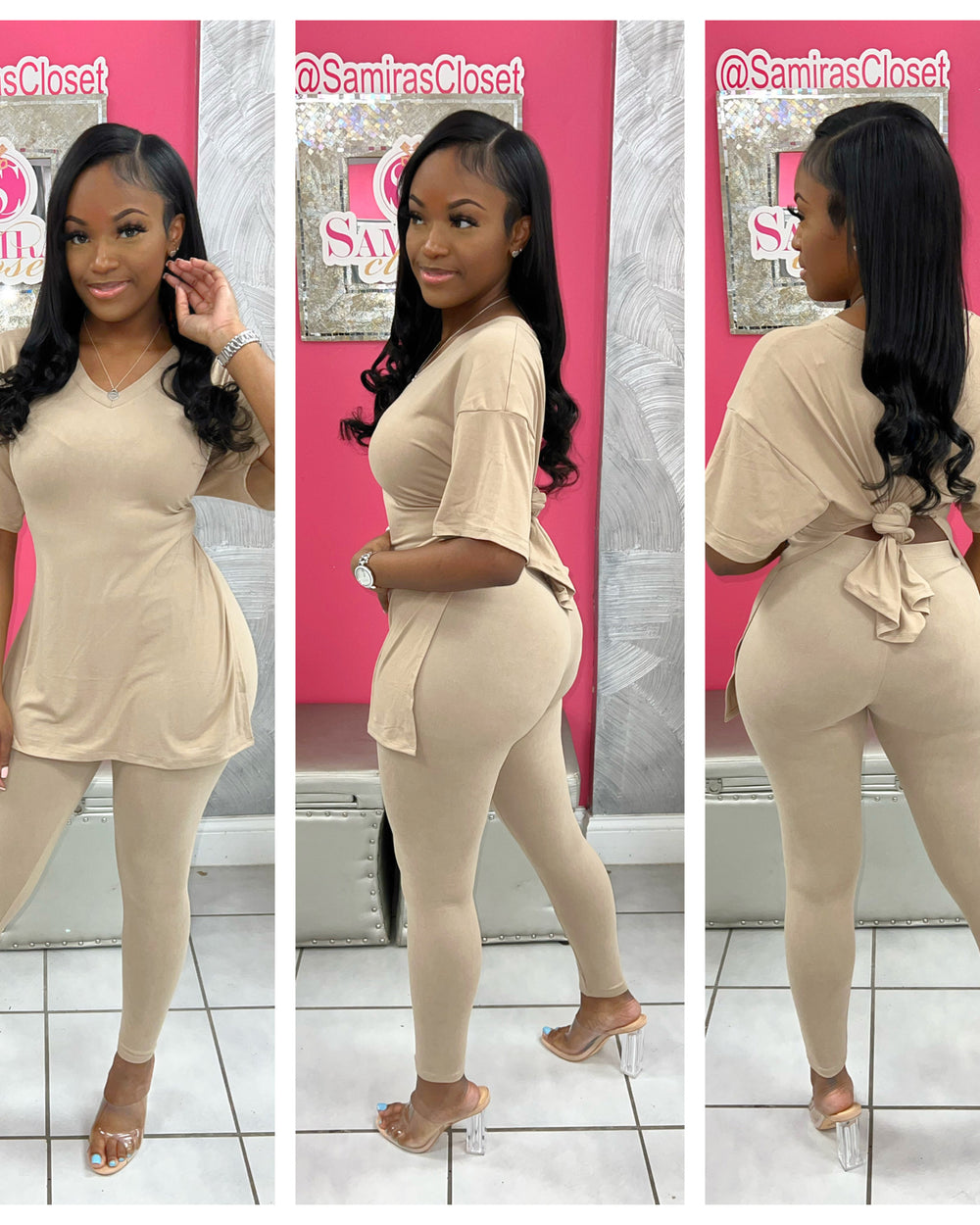 V Neck Legging Set-Nude