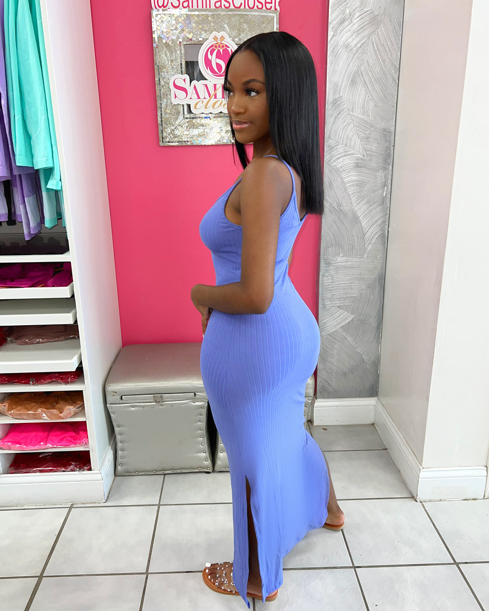 Ribbed Side Slit Dress-Lavender