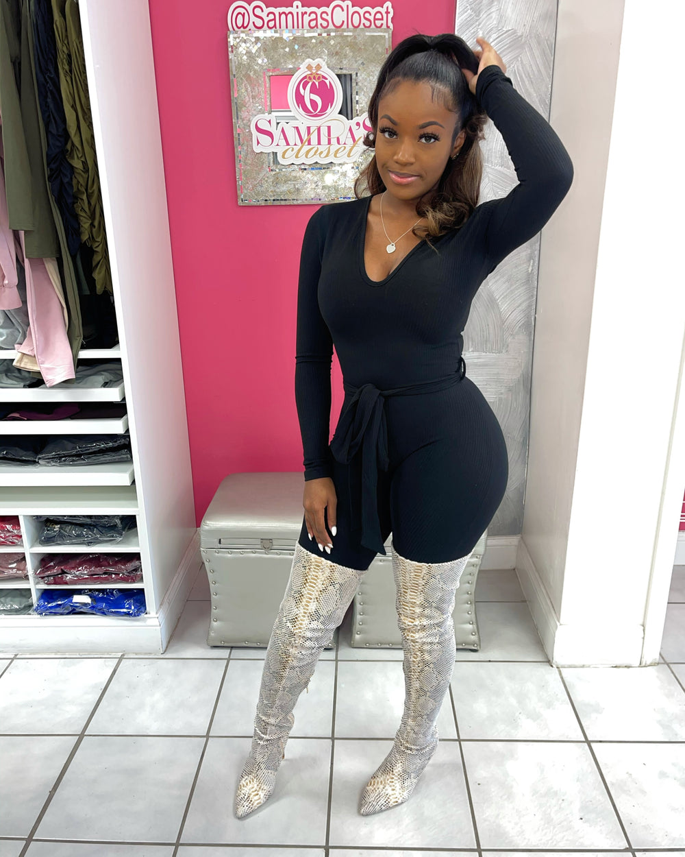 Waist Tie Ribbed Jumpsuit-Black
