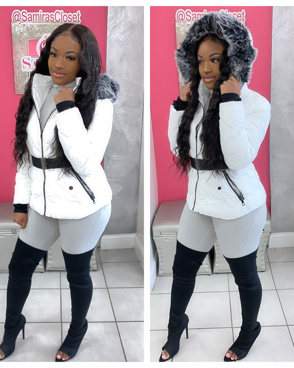 Waist Belt Fleece Lined Jacket-White