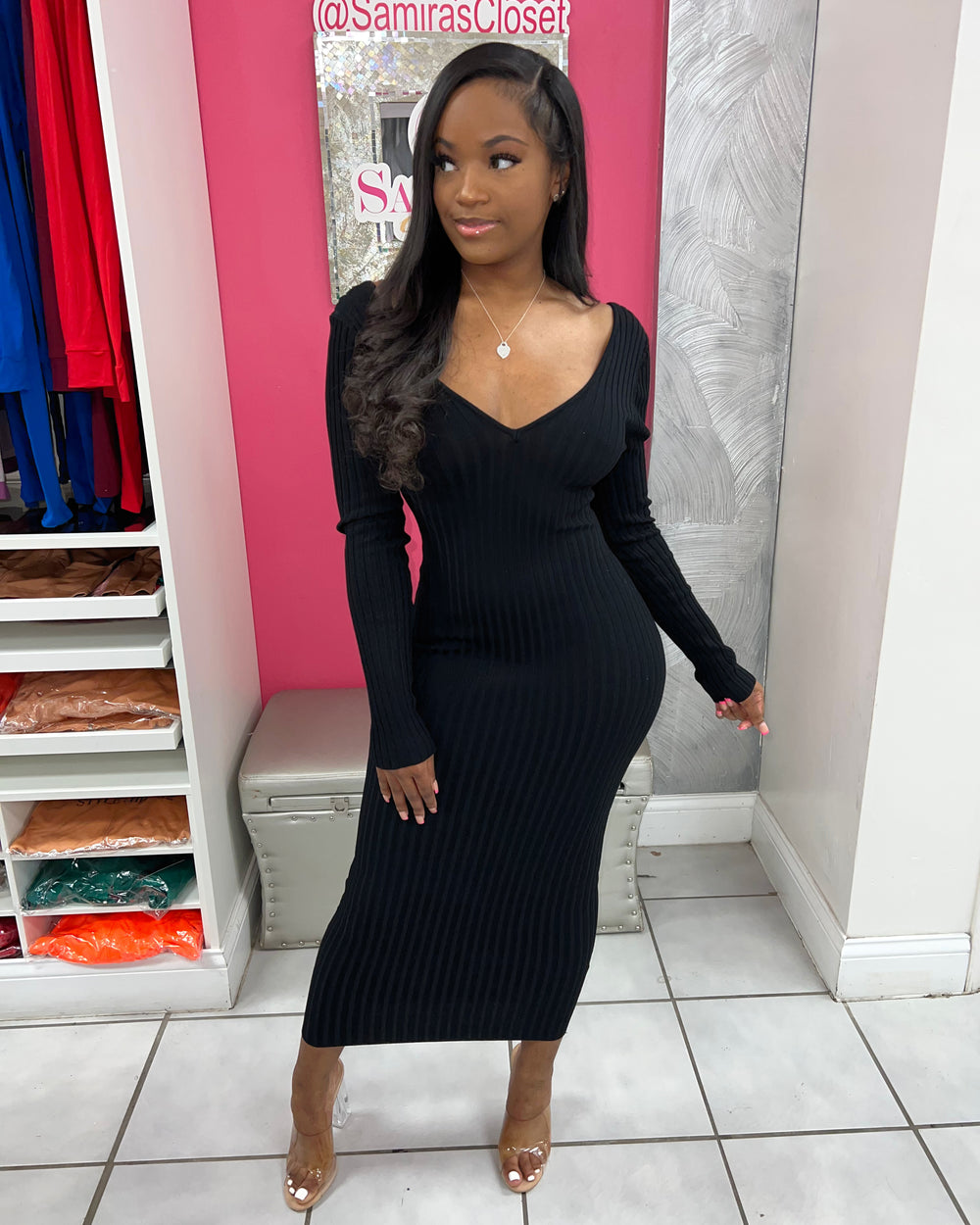 Body Sculpting Sweater Dress-Black