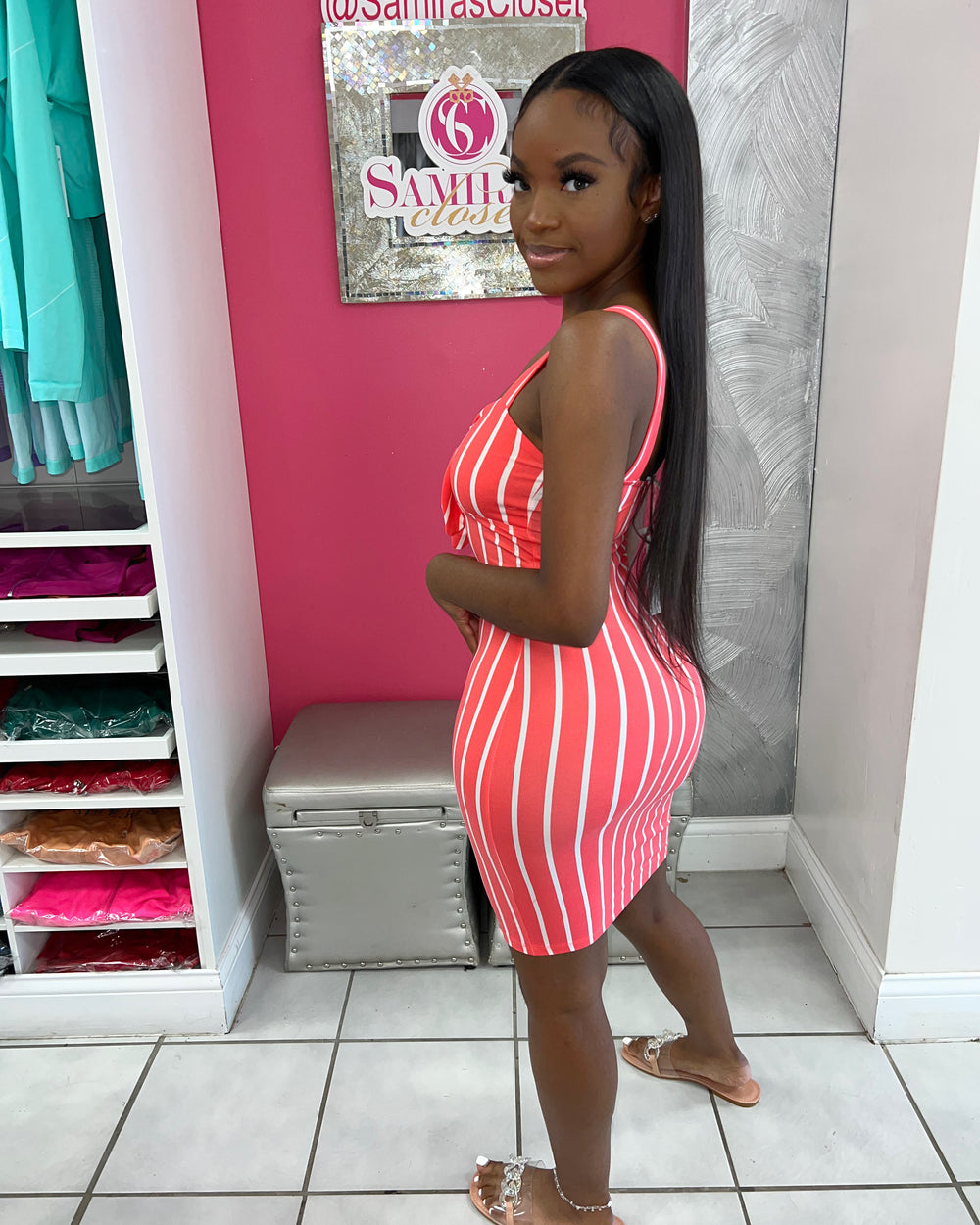 Striped Front tie Dress-Coral