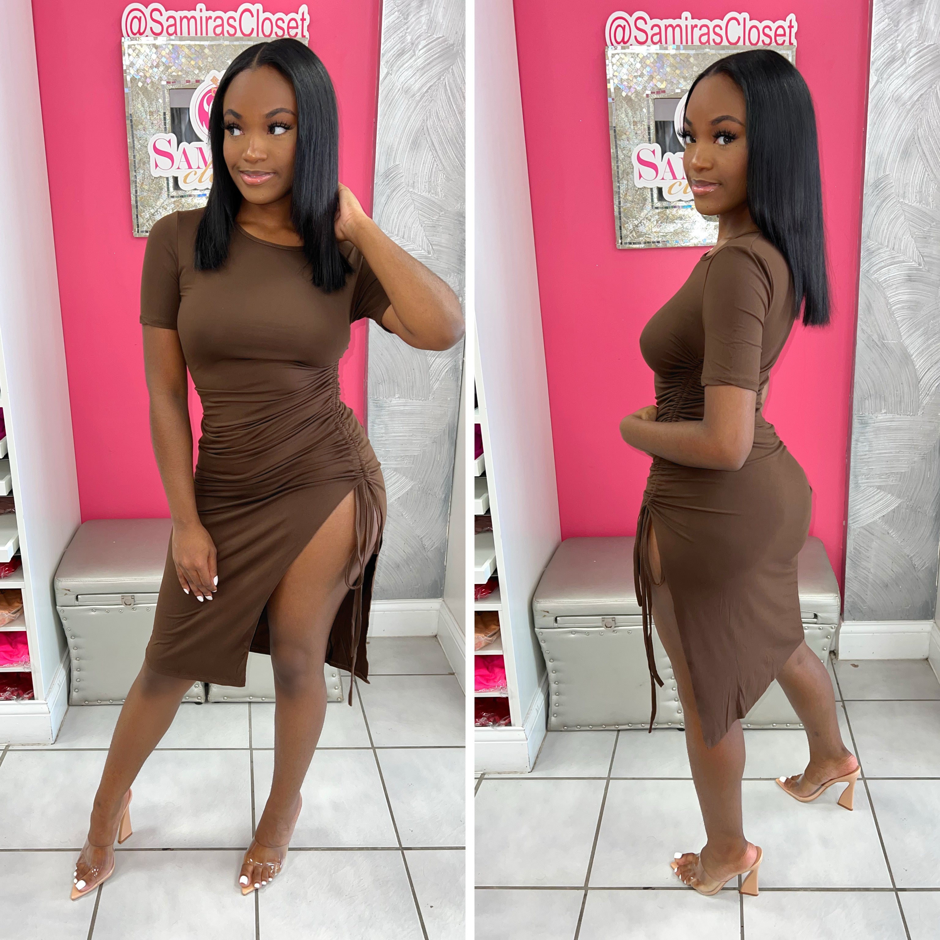 Side Scrunch Dress-Chocolate Samira's Closet Side Scrunch Dress-Chocolate Samira's Closet
