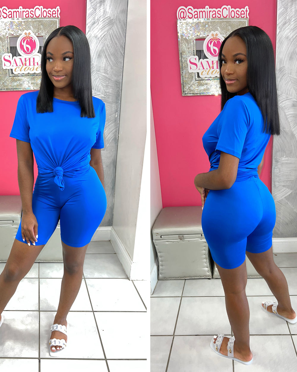Crew Neck Biker Short Set-Royal Blue