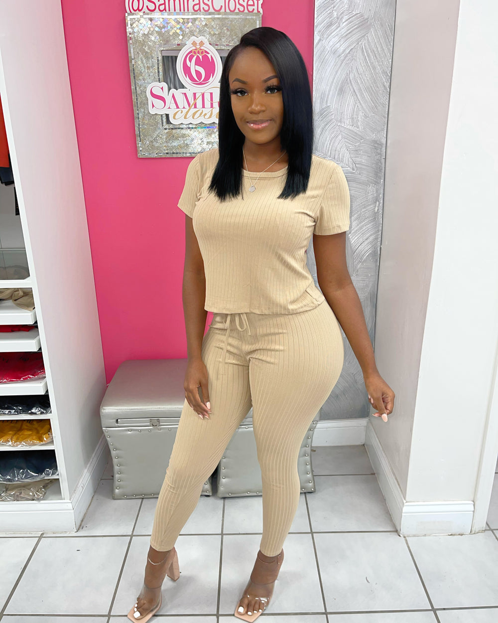 Short Sleeve Legging Set-Khaki