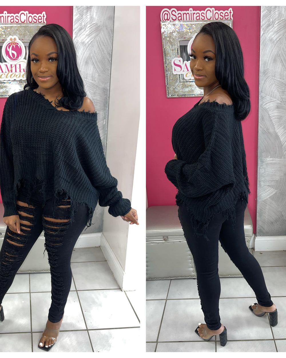 Slouchy Distressed Sweater-Black