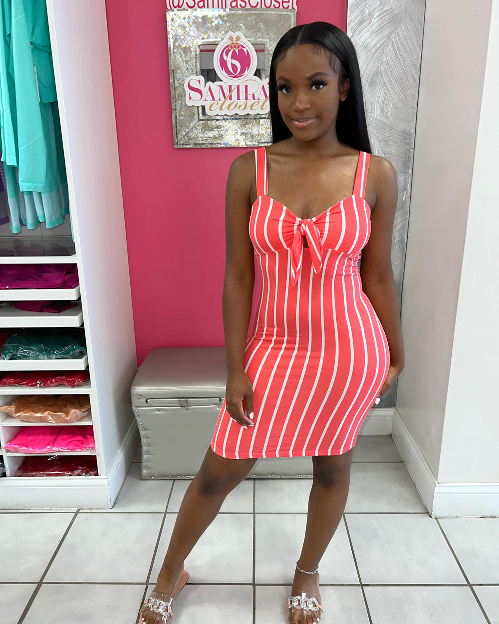 Striped Front tie Dress-Coral