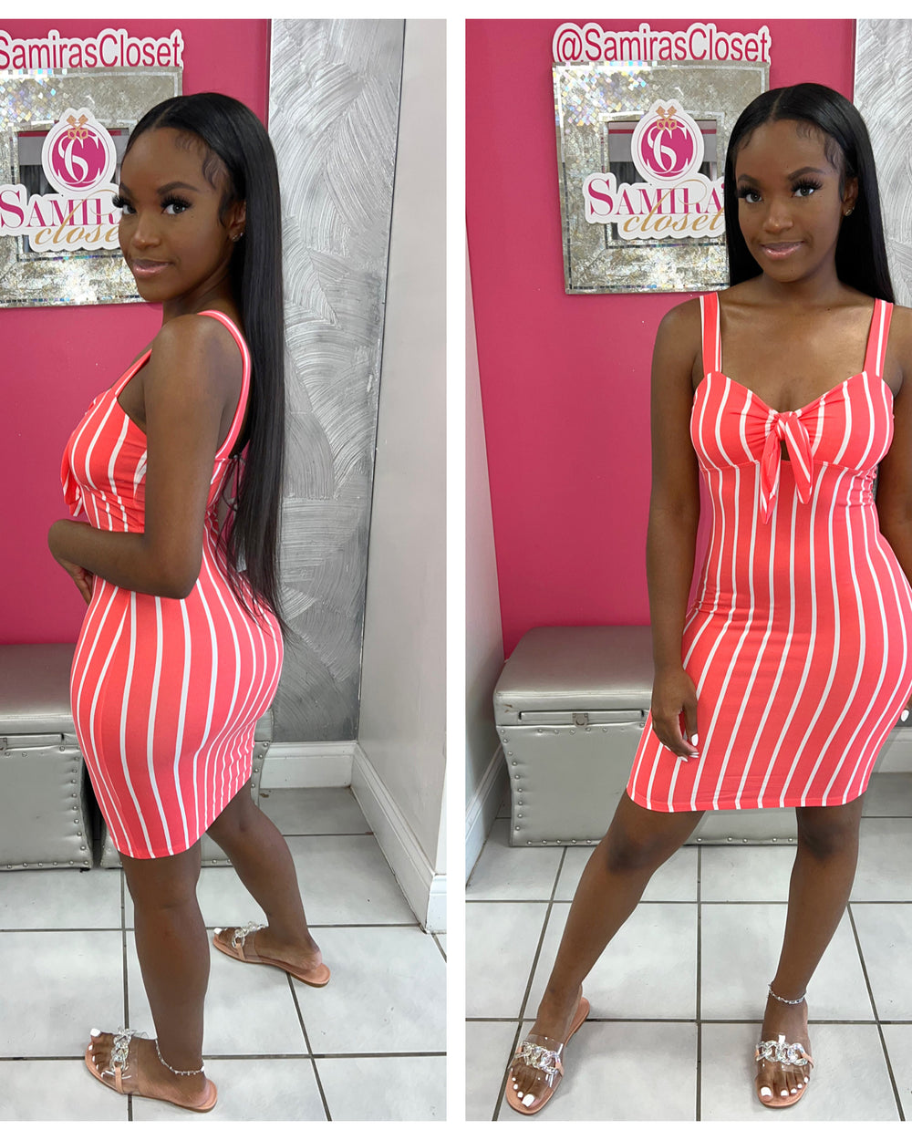 Striped Front tie Dress-Coral