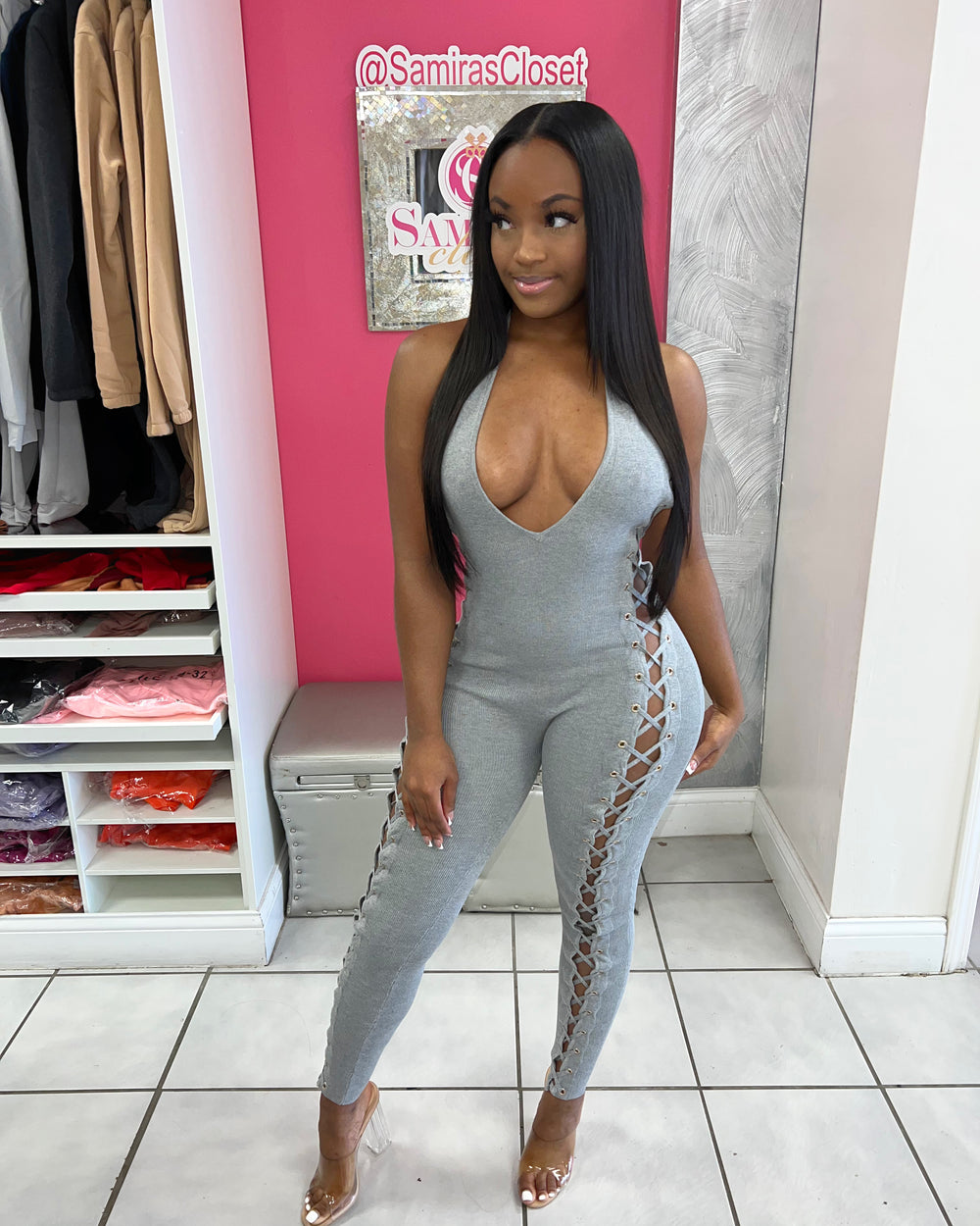Stepping out Laceup Jumpsuit-Gray