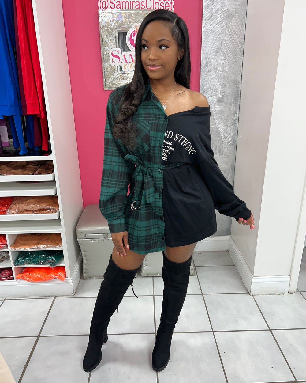 Plaid Top with belt-Green and black