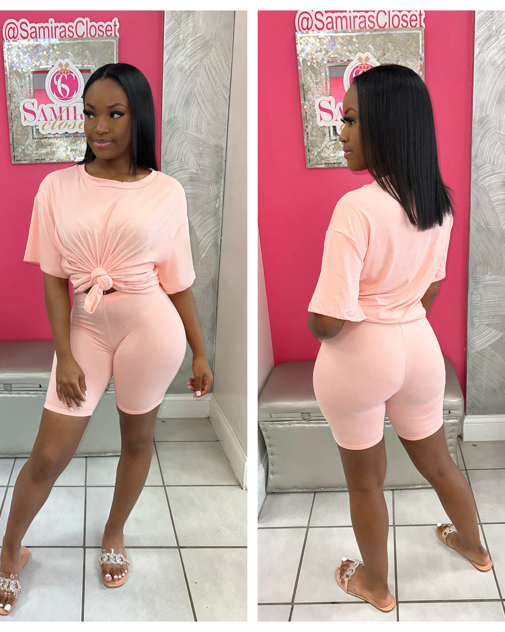 Crew Neck Biker Short Set-Blush