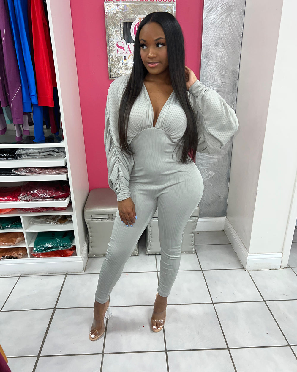 Center Of Attention Jumpsuit-Grey