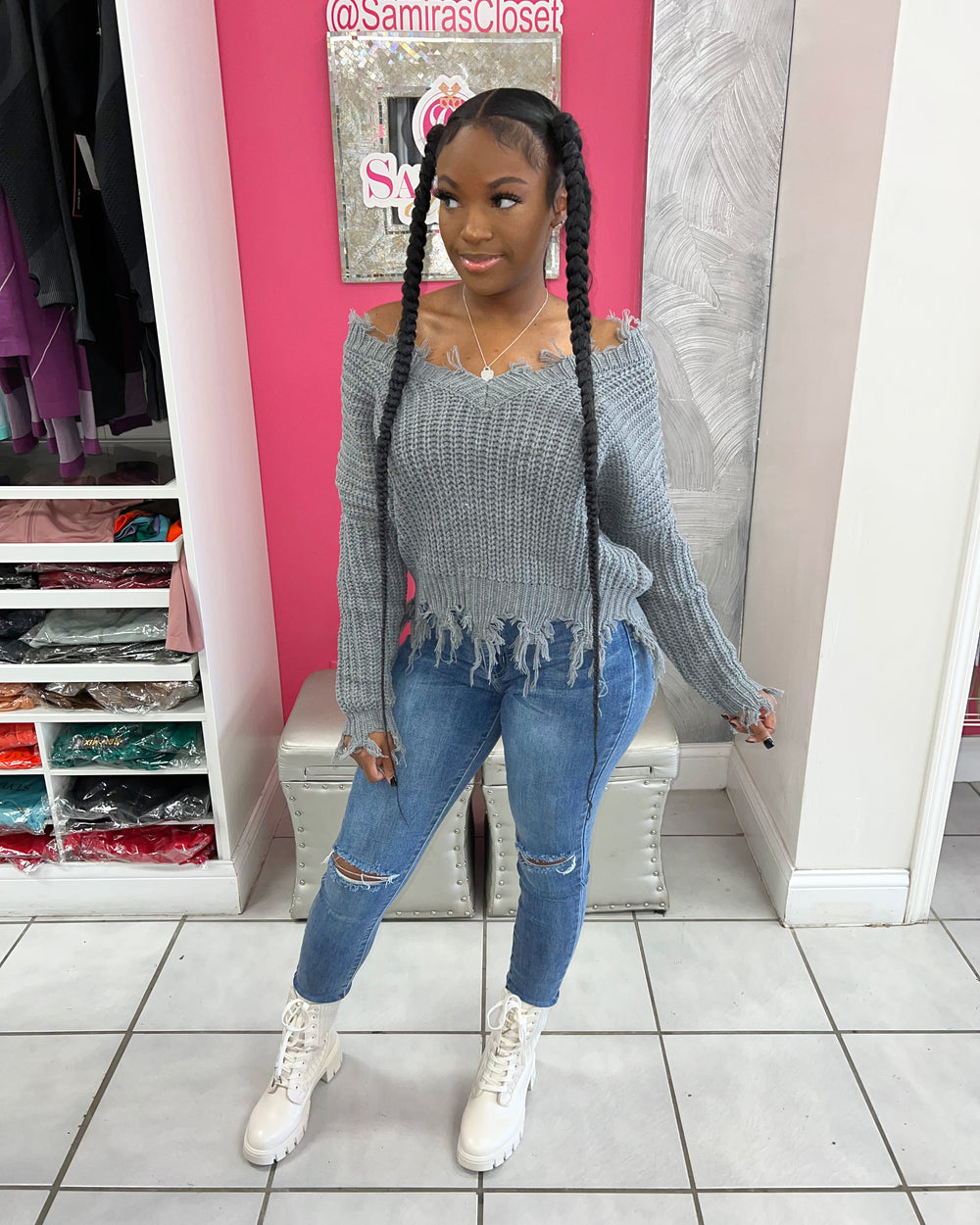 Slouchy Distressed Sweater-Gray