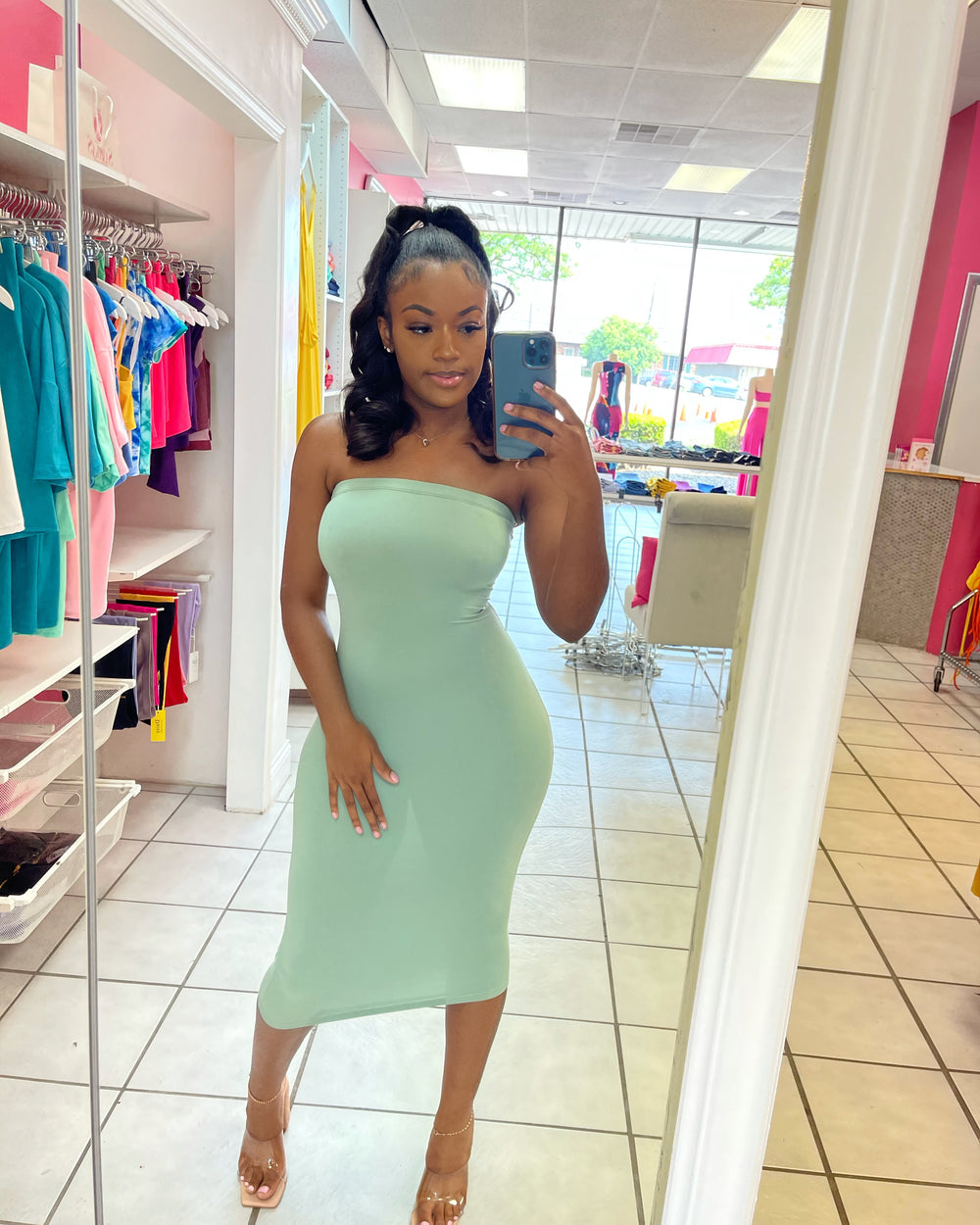 sage green tube dress Peyton Strapless Satin Maxi Dress