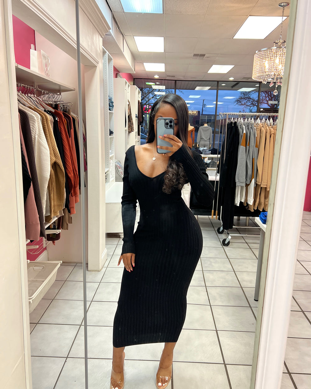 Body Sculpting Sweater Dress-Black